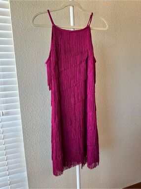 White House black market magenta tiered fringe flapper mini dress magenta large